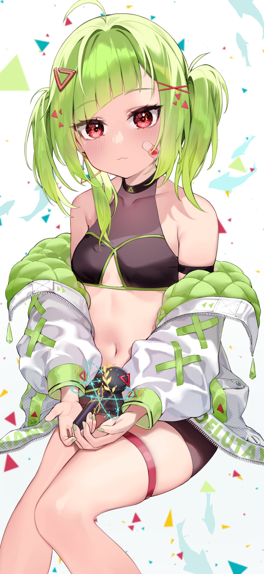 1girl :3 absurdres ahoge arm_strap bare_shoulders black_shirt black_shorts breasts clothing_cutout collarbone crop_top delutaya delutaya_(1st_costume) green_hair highres hoshi_usagi indie_virtual_youtuber jacket long_hair long_sleeves looking_at_viewer microphone midriff navel off_shoulder open_clothes open_jacket puffy_sleeves red_eyes revealing_clothes shirt short_shorts shorts sitting skindentation sleeveless sleeveless_shirt small_breasts solo stomach thigh_strap thighs twintails underboob_cutout virtual_youtuber white_jacket