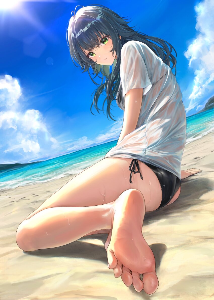 1girl antenna_hair barefoot beach bikini black_bikini blue_sky cloud commentary_request crossed_bangs dutch_angle feet foot_focus footprints gakuen_idolmaster green_eyes green_hair highres idolmaster lens_flare long_hair looking_at_viewer looking_back nyome991 ocean parted_lips seascape see-through_clothes shirt side-tie_bikini_bottom sidelocks sitting sky soles solo sun swimsuit t-shirt toes tsukimura_temari water wet white_shirt