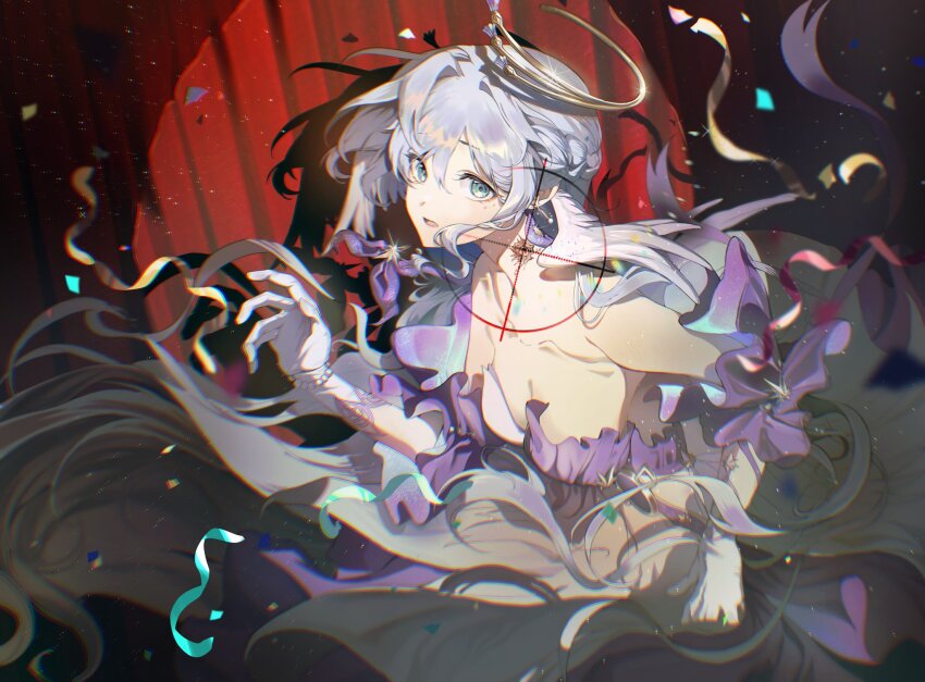 1girl aa_(aa0450851959752) aqua_eyes bare_shoulders breasts cleavage commentary confetti crosshair curtains detached_sleeves dress english_commentary gloves grey_hair hair_between_eyes halo head_wings highres honkai:_star_rail honkai_(series) looking_at_viewer neck_tattoo open_mouth purple_dress purple_sleeves robin_(honkai:_star_rail) short_sleeves solo spotlight strapless strapless_dress tattoo white_gloves white_wings wings