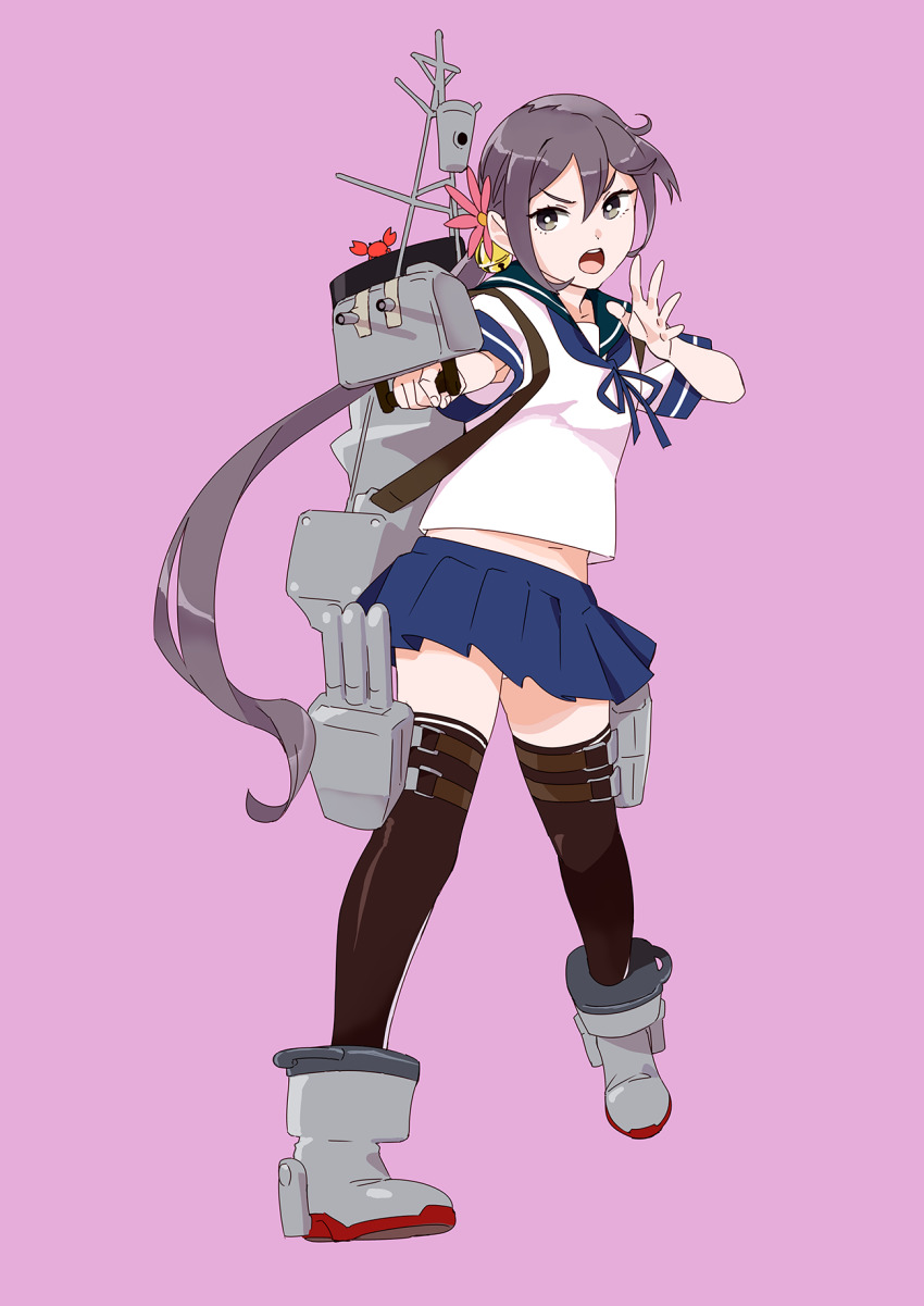 1girl adapted_turret akebono_(kancolle) akebono_kai_ni_(kancolle) bad_id bad_twitter_id bell black_thighhighs blue_skirt cannon female_focus flower full_body hair_bell hair_flower hair_ornament highres jingle_bell kantai_collection long_hair machinery ojipon open_mouth pleated_skirt purple_background purple_eyes purple_hair school_uniform serafuku ship_turret short_sleeves side_ponytail simple_background skirt smokestack solo standing teeth thighhighs upper_teeth_only very_long_hair