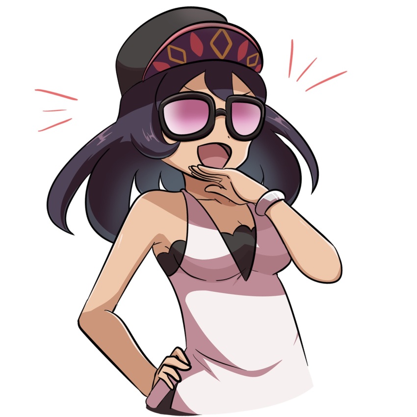 1girl :d black-framed_eyewear black_hair black_hat bracelet breasts commentary_request creatures_(company) game_freak hand_on_own_hip hat highres jewelry laughing long_hair medium_breasts nintendo open_mouth pokemon pokemon_sm saon101 shirt simple_background sina_(pokemon) sleeveless sleeveless_shirt smile solo sunglasses upper_body white_background