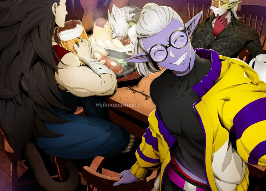 4boys alcohol artist_name bandaged_arm bandages barefoot beer beer_mug belt black_hair black_pants black_shirt blonde_hair blue_pants celery closed_eyes closed_mouth colored_skin covered_pectorals cream cumber cup demon dragon_ball dragon_ball_heroes earrings faceplant facing_viewer fang floral_print food food_on_head from_above fu_(dragon_ball) fused_zamasu glass glasses gloves gold_earrings green_skin grin hair_in_food hand_on_chair hand_on_own_chin hearts_(dragon_ball) holding holding_cup jacket jacket_partially_removed jewelry kaioushin long_hair long_sleeves looking_at_another looking_at_viewer male_focus meat medium_hair midriff_peek monkey_boy mug multicolored_skin multiple_boys muscular muscular_male non-web_source object_on_head pants plate pointy_ears ponytail potato pudding purple_belt purple_skin red_gloves red_tank_top round_eyewear saiyan selfie semi-rimless_eyewear shirt sitting smile source_request spiked_hair steam table tail tank_top teeth tinted_eyewear toes twitter_username two-tone_skin undercut ushihoshi very_long_hair waistband white_hair wooden_chair yellow-tinted_eyewear yellow_skin