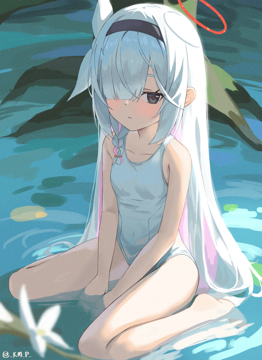 1girl absurdres bare_arms bare_legs bare_shoulders barefoot black_hairband blue_archive breasts closed_mouth collarbone colored_inner_hair flower grey_eyes hair_over_one_eye hairband halo highres kmp_(kenma_pro) long_hair looking_at_viewer multicolored_hair one-piece_swimsuit pink_hair plana_(blue_archive) red_halo school_swimsuit sitting small_breasts solo swimsuit twitter_username wariza white_flower white_hair white_one-piece_swimsuit