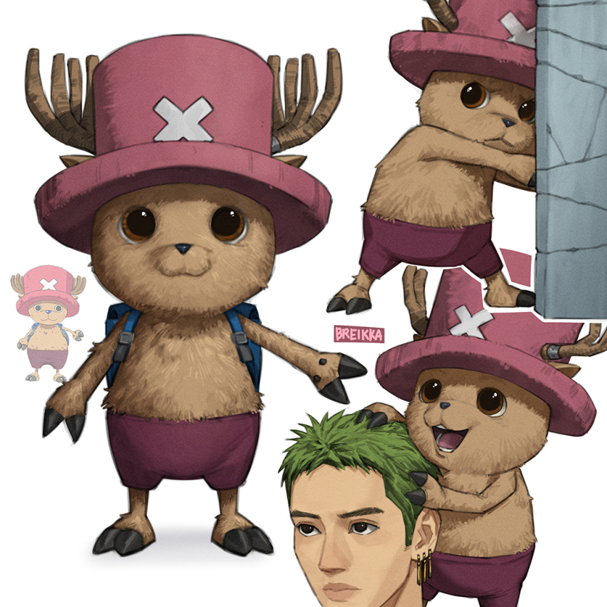 2boys antlers backpack bag black_eyes blue_bag breikka brown_eyes brown_fur closed_mouth earrings frown full_body furry green_hair horns jewelry multiple_boys one_piece one_piece_(live_action) red_shorts reindeer_antlers roronoa_zoro shorts simple_background smile standing tony_tony_chopper white_background