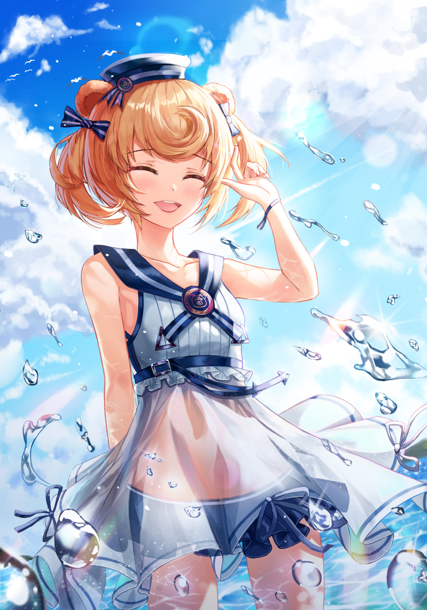 1girl :d ^_^ absurdres alternate_costume animal_ears arknights bare_arms bare_shoulders bear_ears blonde_hair blue_sky blush closed_eyes cloud collarbone commentary cowboy_shot day dress duplicate facing_viewer fall_(aki) gummy_(arknights) gummy_(summer_flowers)_(arknights) hand_up hat highres official_alternate_costume open_mouth outdoors photoshop_(medium) short_hair sky sleeveless sleeveless_dress smile solo standing water_drop