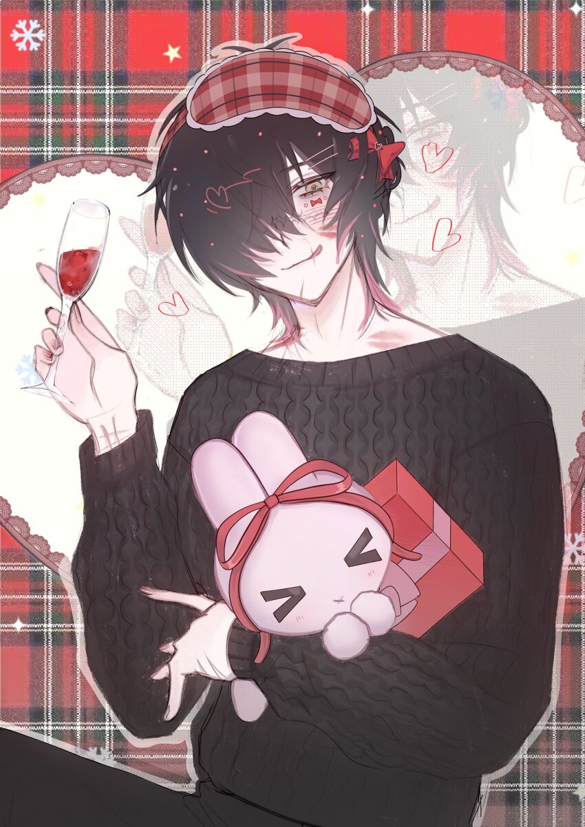 1boy alcohol black_pants black_shirt blush bow cable_knit cup drinking_glass eye_mask hair_bow hair_over_one_eye heart highres k3ngels lipstick_mark long_sleeves male_focus pants plaid_background red_bow scar scar_on_arm scar_on_face shirt slow_damage solo stuffed_animal stuffed_rabbit stuffed_toy sweater towa_(slow_damage) wine wine_glass