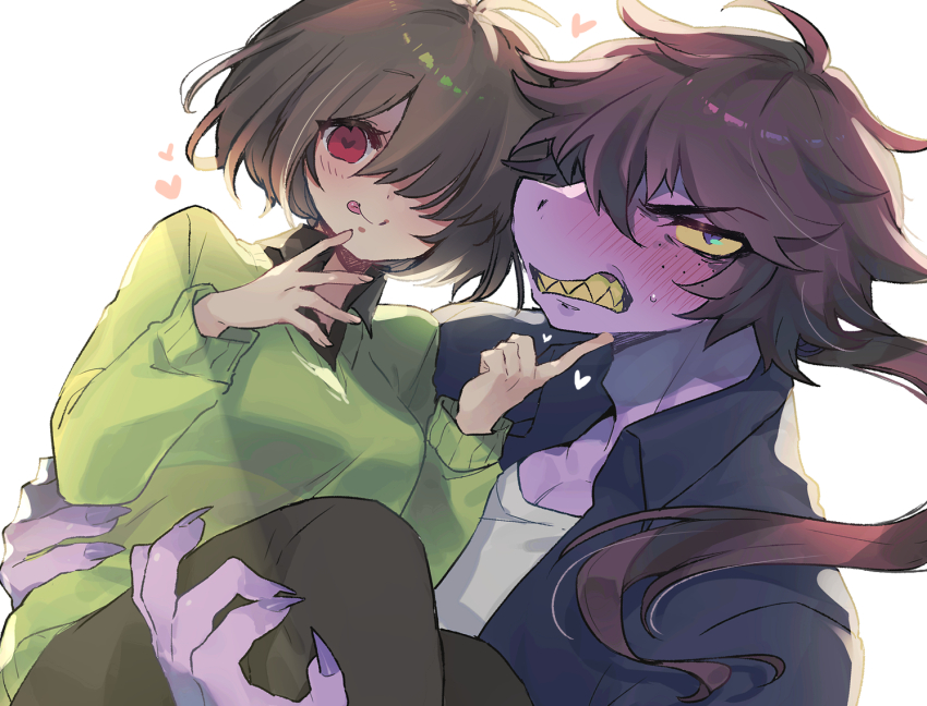 1boy 1girl ahoge angry backlighting blue_jacket blush breasts brown_hair carrying clenched_teeth closed_mouth collared_shirt colored_sclera colored_skin commentary_request deltarune finger_to_own_chin fingernails freckles furry furry_male genderswap genderswap_(ftm) genderswap_(otf) green_sweater hair_over_one_eye hair_over_shoulder hand_on_another&#039;s_chin hands_up heart heart-shaped_pupils index_finger_raised jacket komugiko_(bitte_komu) kris_(deltarune) long_hair looking_at_viewer low_ponytail nail_polish open_clothes open_jacket princess_carry purple_eyes purple_nails purple_skin red_eyes sharp_fingernails sharp_teeth shirt simple_background smile striped_clothes striped_sweater susie_(deltarune) sweatdrop sweater symbol-shaped_pupils teeth tongue tongue_out white_background white_shirt yellow_sclera yellow_teeth