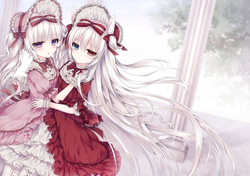 2girls absurdres alice_claudia animal_ears bow dress frilled_dress frills gloves hair_bow hair_ribbon hairband heterochromia highres hug lolita_fashion lolita_hairband multiple_girls original purple_eyes ribbon rolo_noir silver_hair tsukikage_nemu two_side_up white_gloves