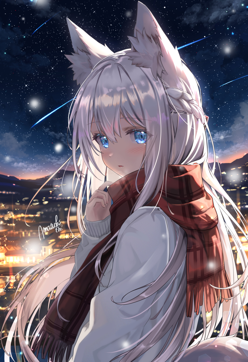 1girl amatsuki_rei animal_ears blue_eyes breath city_lights cityscape fang fox_ears fox_girl fox_tail half_up_braid highres long_hair long_sleeves looking_at_viewer night night_sky original parted_lips plaid_clothes plaid_scarf scarf sky star_(sky) starry_sky sweater tail white_hair white_sweater