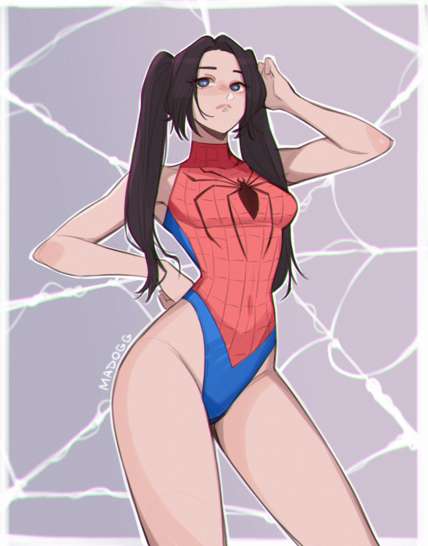 1girl artist_name bare_arms black_hair blue_eyes breasts closed_mouth contrapposto cosplay covered_navel futoku_no_guild groin hand_on_own_hip hand_up highleg highleg_leotard highres leotard long_hair madogg parted_bangs silk small_breasts solo spider-man spider-man_(cosplay) spider_web thighs tokishikko_dana twintails