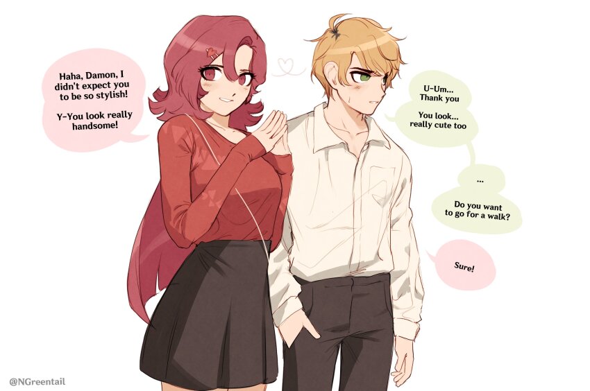 1boy 1girl black_pants black_skirt blonde_hair collared_shirt couple dating diana_venecia highres long_sleeves miniskirt nifast_(greentail) pants pink_hair project:_eden&#039;s_garden red_sweater shirt skirt sweater white_hair