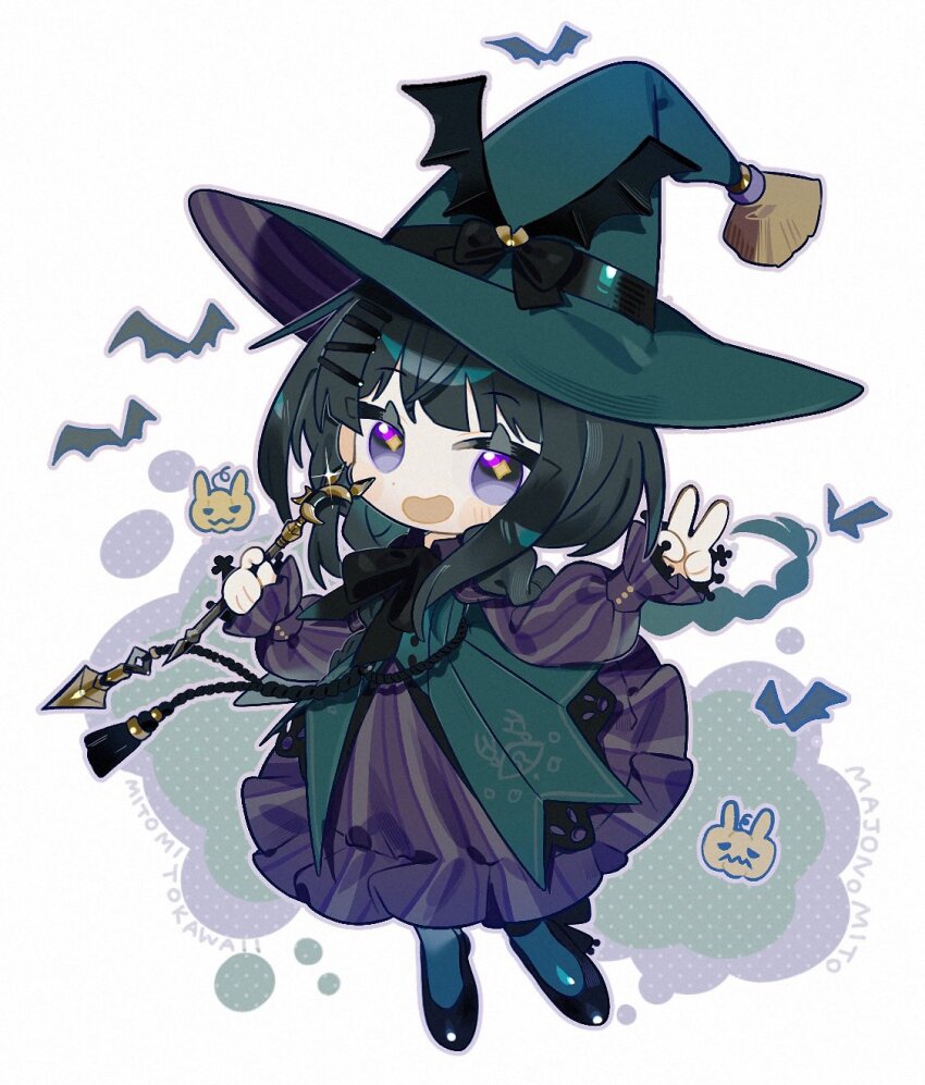 +_+ 1girl bat_(animal) black_dress black_eyes black_footwear black_hair blue_pantyhose braid chibi commentary_request dress floating_hair full_body green_hat hair_ornament hairclip hands_up hat high_heels highres holding holding_wand jack-o&#039;-lantern layered_dress long_hair long_sleeves low_twin_braids nijisanji pantyhose romaji_text ryano simple_background solo tsukino_mito tsukino_mito_(20th_costume) twin_braids v virtual_youtuber wand white_background witch witch_hat