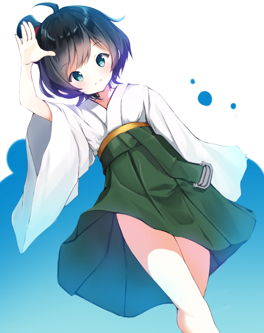 1girl ahoge black_hair commentary_request cowboy_shot green_eyes green_hakama hakama hakama_skirt hat highres japanese_clothes kantai_collection kimono looking_at_viewer matsukaze_(kancolle) meiji_schoolgirl_uniform mini_hat mini_top_hat nekomarieru one-hour_drawing_challenge salute short_hair skirt solo swept_bangs top_hat wavy_hair white_kimono