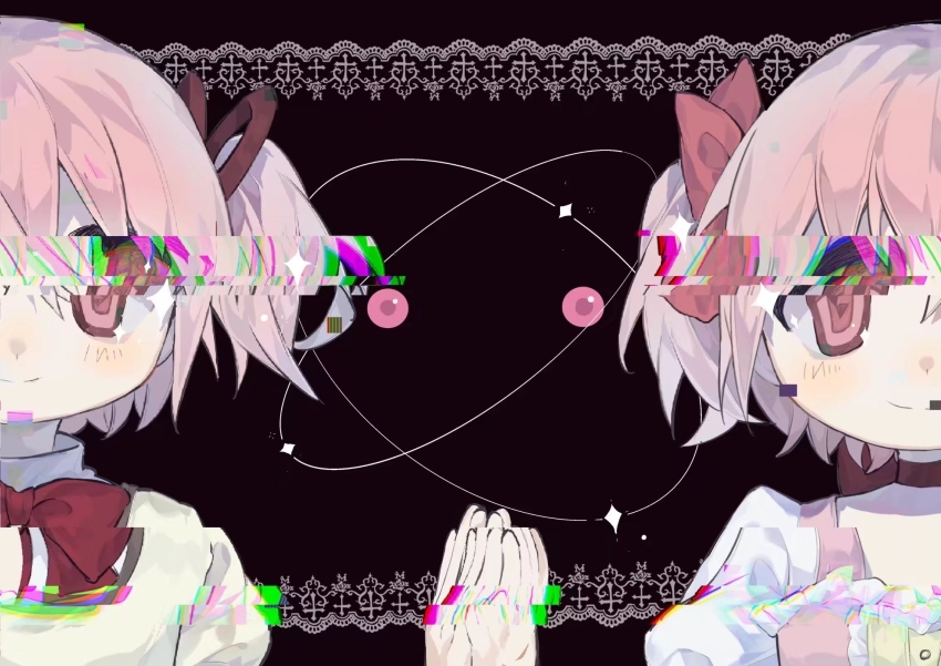 2girls atom black_background bow bow_choker bowtie buttons center_frills choker closed_mouth collared_shirt dot_nose dress dual_persona frilled_dress frills glitch gongqing hair_bow hair_ribbon hand_on_hand high_collar highres kaname_madoka kaname_madoka_(magical_girl) kyubey lace light_blush magical_girl mahou_shoujo_madoka_magica mahou_shoujo_madoka_magica_(anime) mitakihara_school_uniform multiple_girls no_gloves pink_bow pink_dress pink_eyes pink_hair puffy_short_sleeves puffy_sleeves red_bow red_bowtie red_choker red_ribbon ribbon school_uniform shirt short_hair short_sleeves short_twintails smile sparkle square_neckline tareme twintails upper_body white_sleeves yellow_shirt