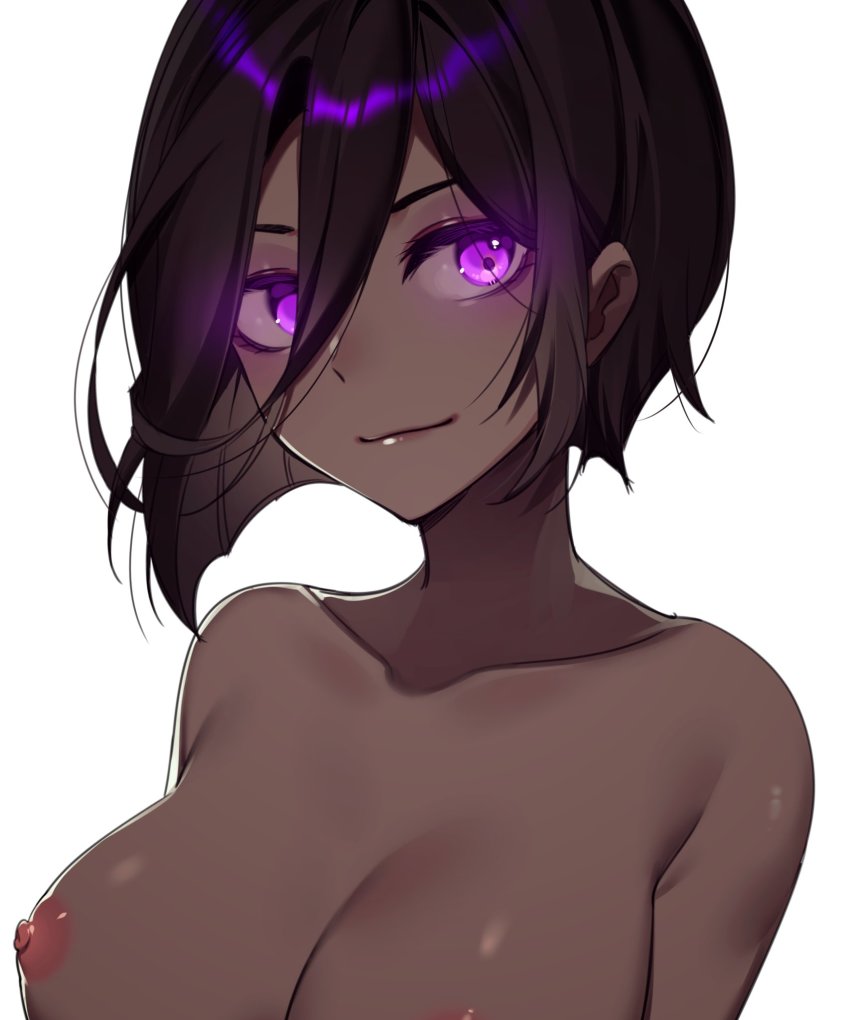 1girl black_hair breasts character_request cleavage closed_mouth collarbone copyright_request dark-skinned_female dark_skin glowing glowing_eyes hair_between_eyes highres light_smile looking_at_viewer nipples nude purple_eyes rnskkn short_hair simple_background solo upper_body white_background