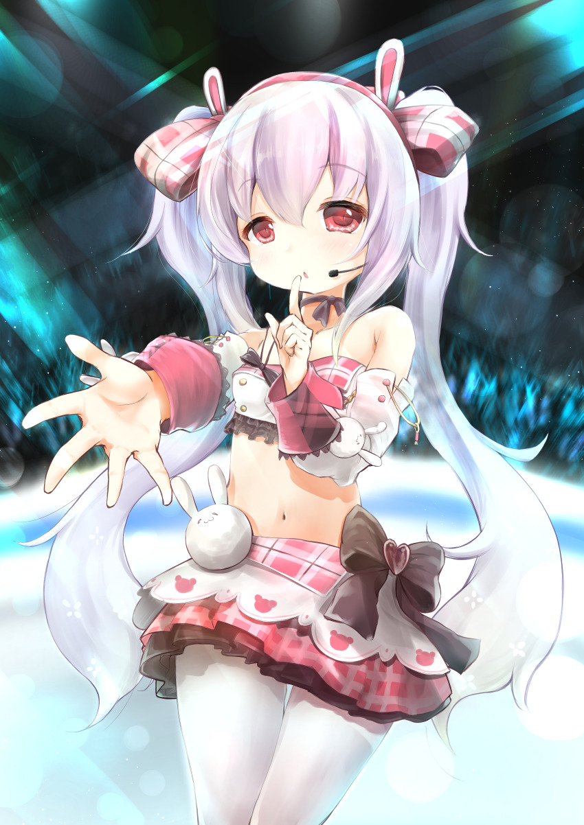 1girl absurdres animal_ears azur_lane black_bow bow breasts collarbone commentary_request detached_sleeves hair_between_eyes hair_bow hairband hand_up headset heart highres huge_filesize index_finger_raised laffey_(azur_lane) long_hair long_sleeves maru_shion midriff navel pantyhose parted_lips pink_hair plaid_bow plaid_clothes plaid_skirt pleated_skirt rabbit_ears red_bow red_eyes red_hairband red_skirt shirt silver_hair single_strap skirt small_breasts solo twintails very_long_hair white_pantyhose white_shirt white_sleeves