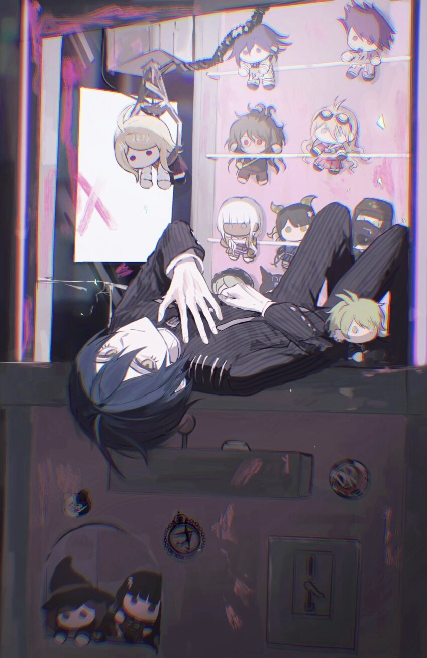 1boy akamatsu_kaede amami_rantaro black_pants black_shirt blood blue_hair broken_glass chabashira_tenko character_doll clenched_hand crane_game danganronpa_(series) danganronpa_v3:_killing_harmony feet_out_of_frame frown fu_ga_(vivi912912) glass gokuhara_gonta hand_on_own_chest harukawa_maki highres hoshi_ryoma iruma_miu knees_up long_sleeves looking_at_viewer lying male_focus momota_kaito monokuma oma_kokichi on_back pants saihara_shuichi shinguji_korekiyo shirt short_hair solo_focus striped_clothes striped_pants striped_shirt tojo_kirumi upside-down vertical-striped_clothes vertical-striped_pants vertical-striped_shirt yellow_eyes yonaga_angie yumeno_himiko