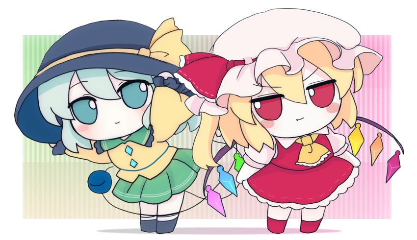 2girls arms_up ascot black_footwear black_hat blonde_hair blush_stickers bow buttons closed_mouth collared_shirt commentary_request crystal diamond_button fang fang_out flandre_scarlet frilled_ascot frilled_shirt frilled_shirt_collar frilled_skirt frills full_body fumo_(doll) green_eyes green_hair green_skirt hair_between_eyes hat hat_bow hat_ribbon heart heart_of_string komeiji_koishi leaning_forward long_sleeves mob_cap multicolored_wings multiple_girls puffy_short_sleeves puffy_sleeves red_eyes red_footwear red_ribbon red_skirt rei_(tonbo0430) ribbon shirt short_hair short_sleeves skirt smile standing third_eye touhou v-shaped_eyebrows white_shirt wings yellow_ascot yellow_bow yellow_shirt