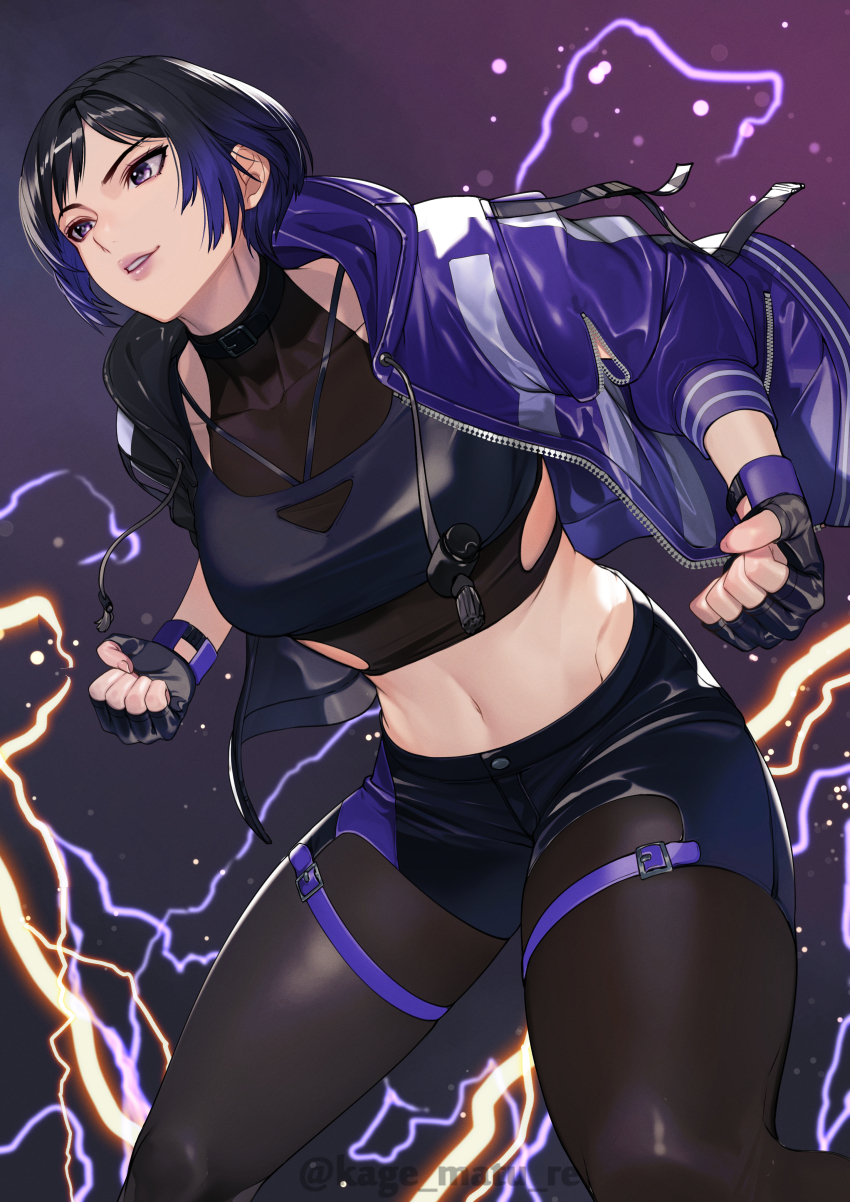 1girl absurdres black_gloves black_hair black_pantyhose black_shirt blue_shorts breasts clenched_hands crop_top electricity fingerless_gloves gloves grin highres jacket kagematsuri midriff multicolored_hair navel open_clothes open_jacket pantyhose pantyhose_under_shorts parted_lips purple_eyes purple_hair purple_jacket reina_(tekken) shirt short_hair short_shorts shorts sleeveless sleeveless_shirt smile solo stomach teeth tekken tekken_8 thighs twitter_username