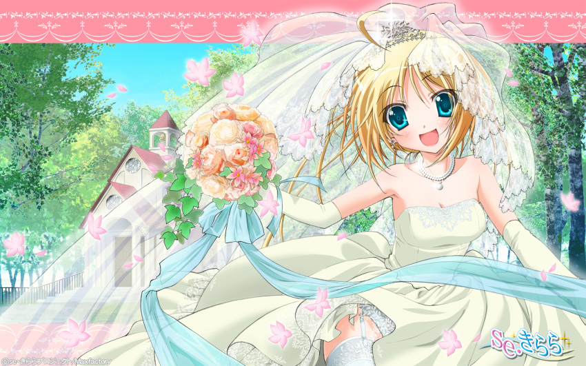 1girl :d blonde_hair blue_eyes bouquet church dress female_focus flower garter_belt garter_straps highres kagura_aya lace lace-trimmed_legwear lace_trim open_mouth panties pantyshot ribbon se.kirara short_hair smile solo tree underwear veil wedding_dress