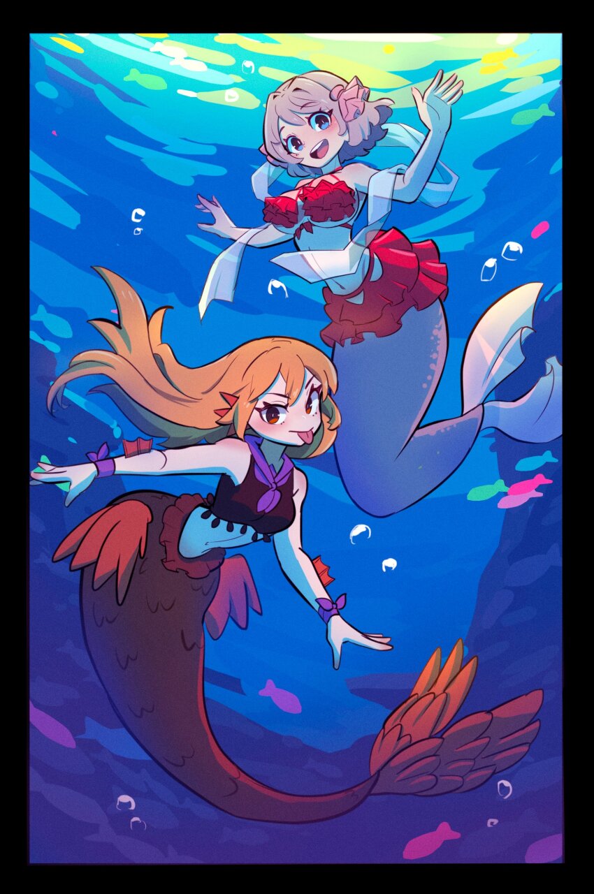 2girls absurdres amazu_(kurozu) bikini blonde_hair blue_eyes bubble commission crop_top grey_hair highres isla_(cophocoa) long_hair looking_at_viewer mermaid monster_girl multiple_girls navel open_mouth original red_bikini red_eyes ribbon sailor_collar sash short_hair swimsuit tongue tongue_out underwater wrist_ribbon