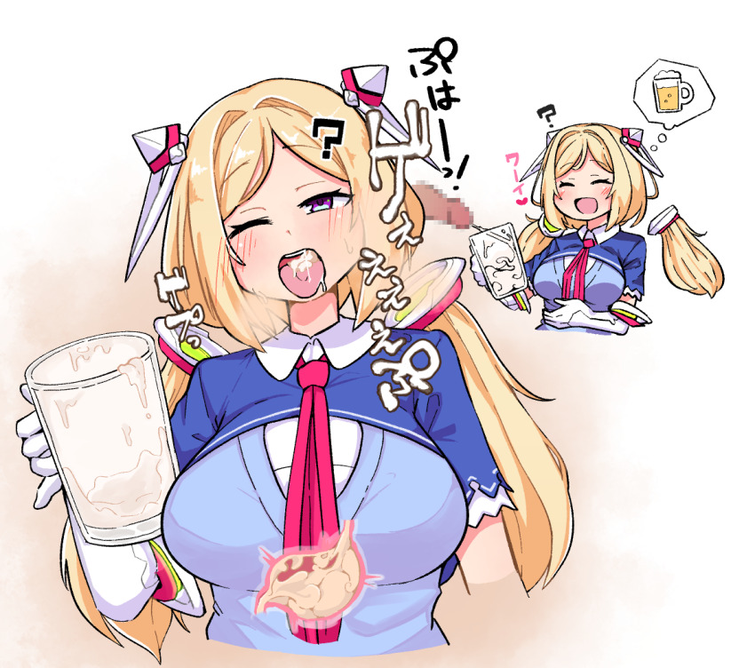 1girl ;d aki_rosenthal aki_rosenthal_(1st_costume) blonde_hair blue_shrug blush bob_cut breasts burp censored closed_eyes collared_shirt cropped_torso cum cum_in_container cum_in_cup cum_in_mouth cup detached_hair ejaculation gloves gokkun headgear holding holding_cup hololive imomushi_1010 large_breasts long_hair mosaic_censoring necktie one_eye_closed open_mouth parted_bangs penis red_necktie shirt short_hair smile sound_effects stomach_(organ) thought_bubble twintails virtual_youtuber white_gloves x-ray