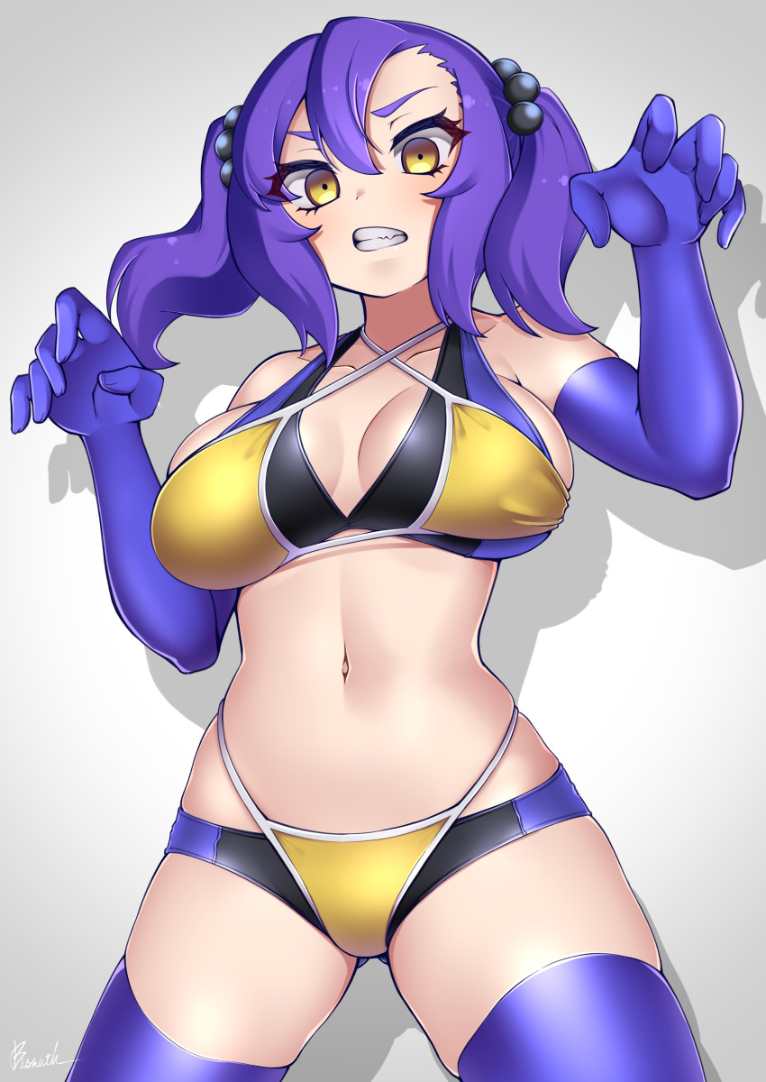 1girl absurdres bare_shoulders bikini bismuth_(paravene) black_bikini breasts brown_eyes clenched_teeth collarbone criss-cross_halter elbow_gloves gloves hair_between_eyes hair_bobbles hair_ornament halterneck hands_up highres large_breasts layered_bikini looking_at_viewer navel original purple_gloves purple_hair purple_thighhighs shadow signature solo swimsuit teeth thighhighs twintails v-shaped_eyebrows yellow_bikini