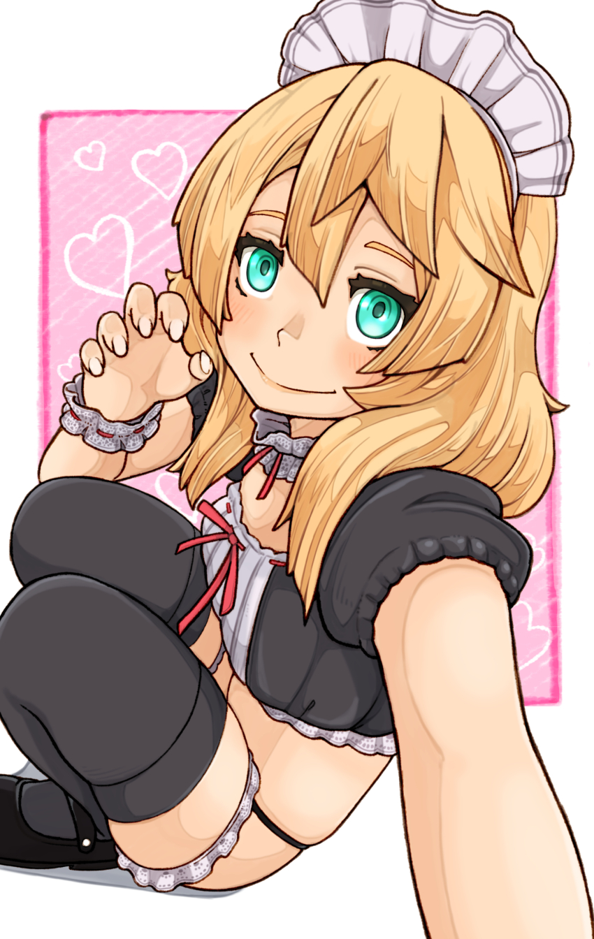 1boy arc_system_works blonde_hair blue_eyes bridget_(guilty_gear) crop_top guilty_gear guilty_gear_strive highres leg_strap looking_at_viewer maid maid_headdress male_focus shoes smile sugagsugag0524 thighhighs thong wristband