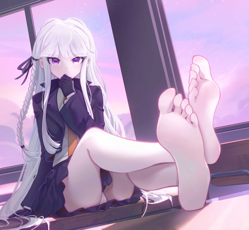 1girl absurdres bare_legs black_gloves braid closed_mouth commentary commission crossed_ankles danganronpa:_trigger_happy_havoc danganronpa_(series) daxieshen_huashi desk english_commentary feet foot_focus foreshortening full_body gloves hair_ribbon hand_up highres indoors jacket kirigiri_kyoko legs long_hair looking_at_viewer miniskirt mixed-language_commentary necktie on_desk orange_necktie panties pleated_skirt purple_eyes purple_jacket purple_ribbon purple_skirt purple_sky ribbon shadow shirt sidelocks sitting skirt sky soles solo toes underwear very_long_hair white_hair white_panties white_shirt window