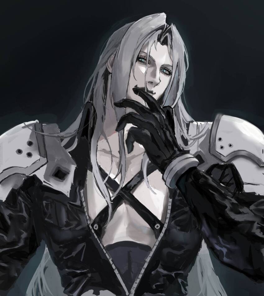 1boy aqua_eyes armor black_background black_coat black_gloves bracer chest_strap coat commentary final_fantasy final_fantasy_vii final_fantasy_vii_remake gloves grey_hair hair_intakes hand_on_own_chin high_collar highres lol_tm1 long_bangs long_coat long_hair long_sleeves looking_to_the_side male_focus parted_bangs pauldrons sephiroth shoulder_armor slit_pupils smile solo upper_body