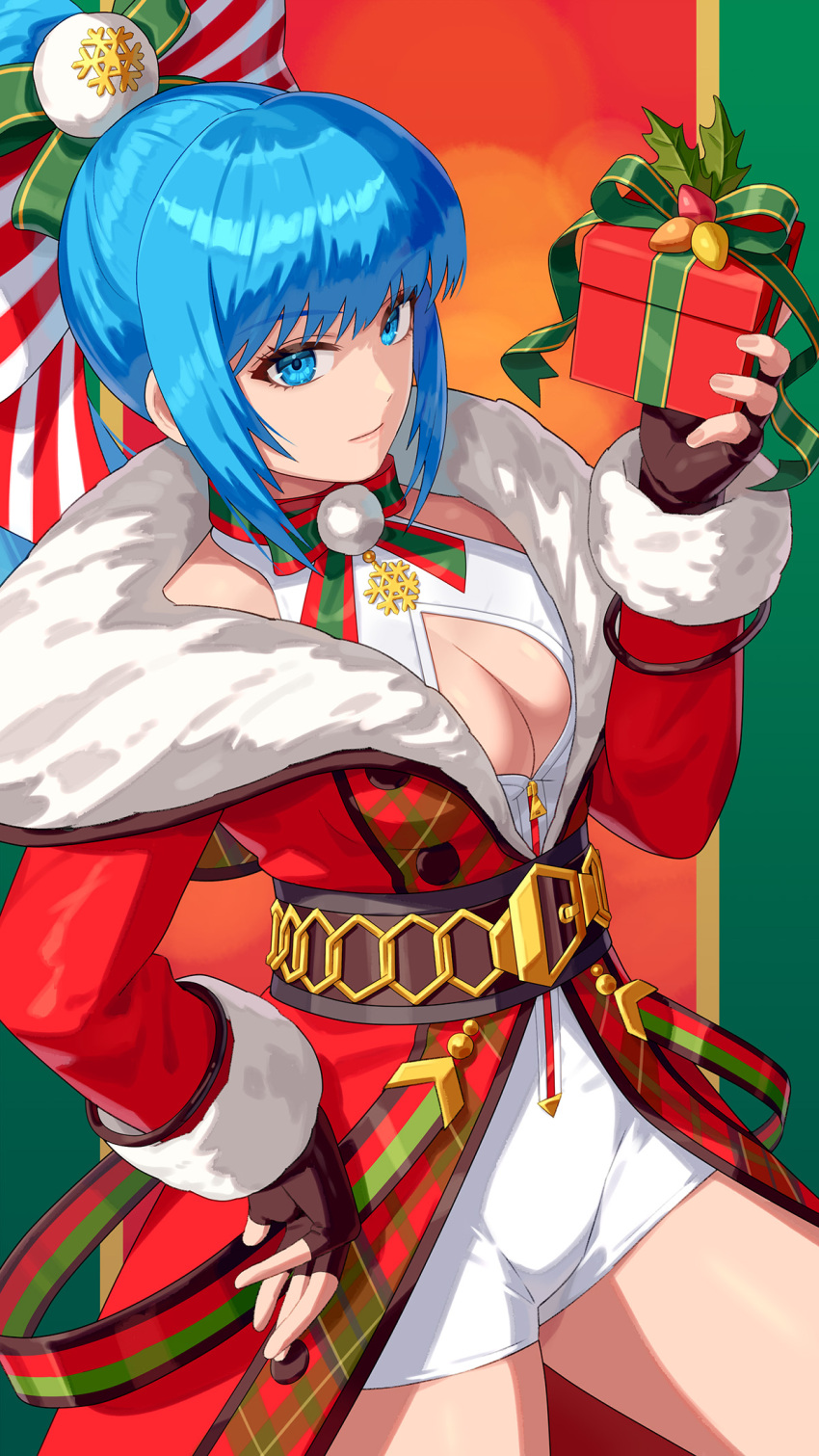 1girl belt blue_eyes blue_hair bow bow_choker box breasts capelet choker christmas cleavage cleavage_cutout clothing_cutout commentary_request crop_top fur-trimmed_capelet fur_trim gift gift_box gloves hair_bow highres large_breasts leona_heidern long_hair looking_at_viewer merry_christmas ponytail santa_costume shorts smile solo tank_top the_king_of_fighters the_king_of_fighters_all-stars yagi2013