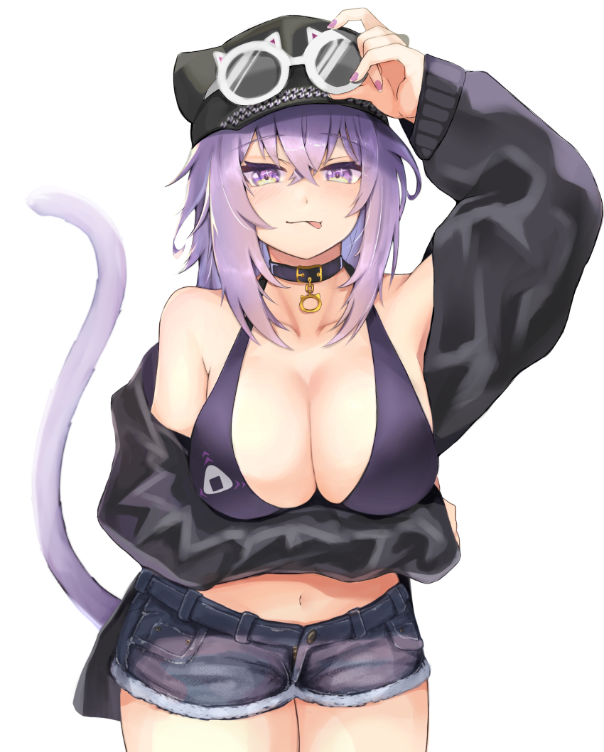 1girl absurdres arm_under_breasts bikini bikini_top_only breasts cat_tail denim denim_shorts eyewear_on_head hat highres hololive large_breasts navel nekomata_okayu purple_eyes purple_hair shorts swimsuit tail tongue tongue_out tonntorotororo virtual_youtuber white_background