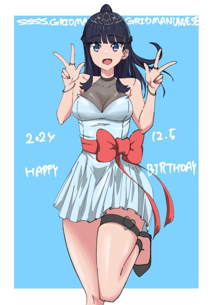 1girl ari_87 black_hair blue_dress blue_eyes bow breasts commentary_request dress earrings gridman_universe gridman_universe_(film) happy_birthday highres jewelry long_hair looking_at_viewer open_mouth ponytail red_bow sleeveless solo takarada_rikka thighs v