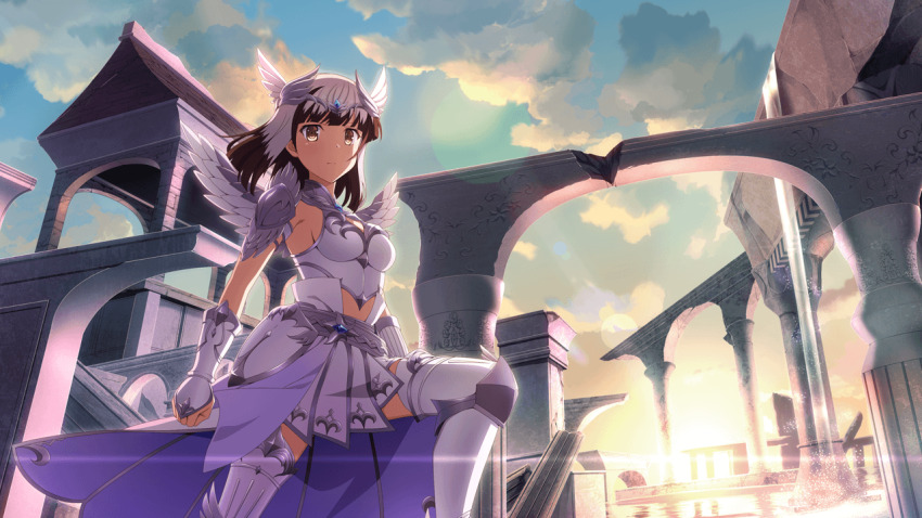 1girl architecture armor blunt_bangs breastplate breasts brown_eyes brown_hair clenched_hand colored_tips fake_wings game_cg gauntlets greaves grey_hair headpiece looking_at_viewer medium_breasts medium_hair multicolored_hair non-web_source official_art outdoors satsuki_yomi shoulder_pads solo standing sunrise toji_no_miko toji_no_miko:_kizamishi_issen_no_tomoshibi wings