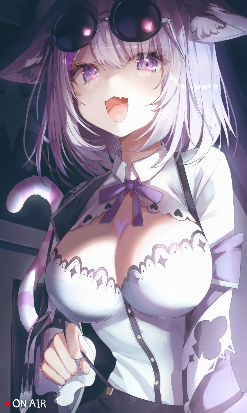 1girl absurdres animal_ear_fluff animal_ears blush breasts cat_ears cat_girl cat_tail cleavage collared_shirt fang highres hololive large_breasts long_sleeves looking_at_viewer misyune nekomata_okayu nekomata_okayu_(wonderland) open_mouth purple_eyes purple_hair round_eyewear shirt short_hair skin_fang solo tail tinted_eyewear virtual_youtuber