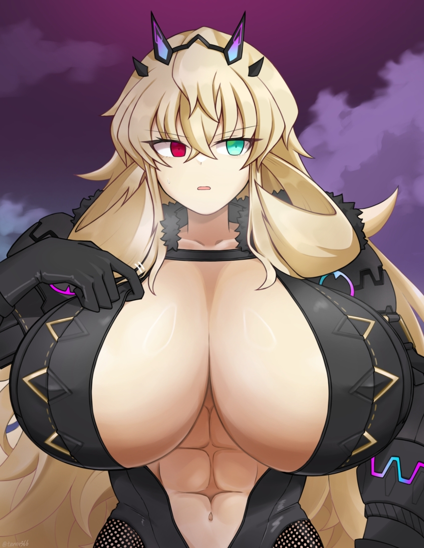 1girl abs absurdres barghest_(exhibition_attire)_(fate) barghest_(fate) black_bodysuit black_gloves blonde_hair bodysuit breasts center_opening fate/grand_order fate_(series) fur_collar gloves green_eyes heterochromia highres horns huge_breasts long_hair looking_to_the_side moyashi_(tenor366) muscular muscular_female navel open_mouth red_eyes solo