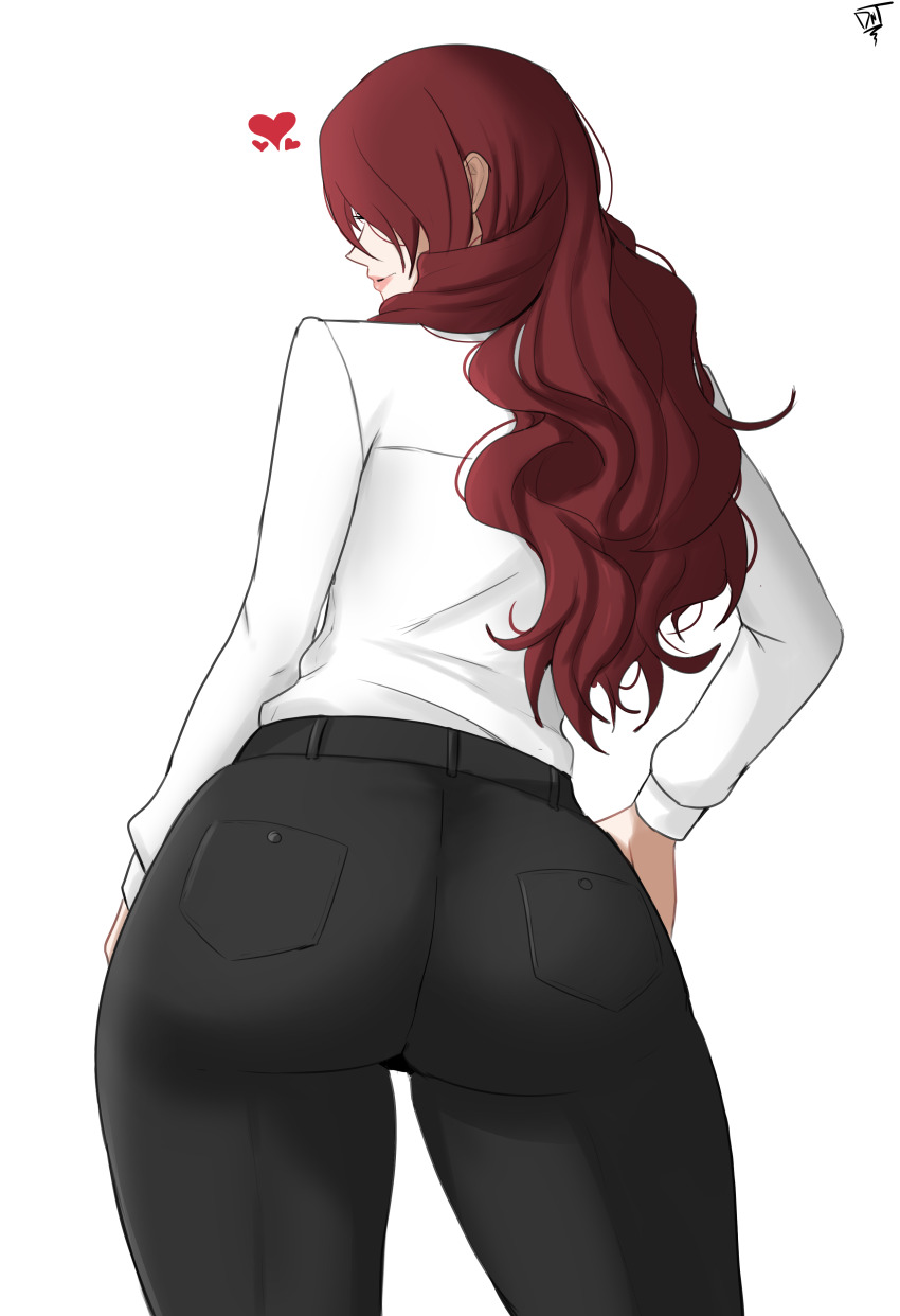 1girl absurdres ass denim heart highres huge_ass jeans kirijou_mitsuru long_hair lord_dante pants persona persona_3 red_hair