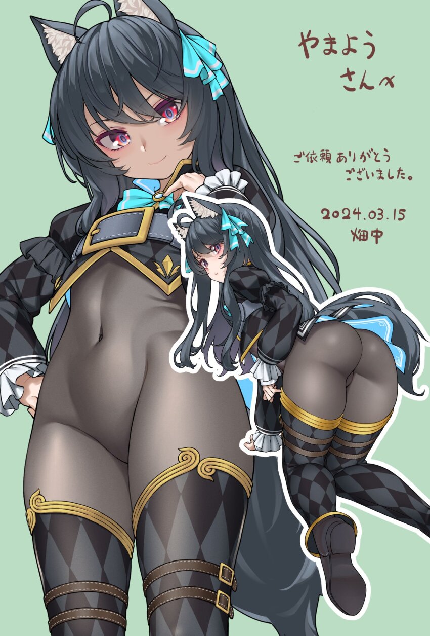 1girl ahoge animal_ear_fluff animal_ears argyle_clothes argyle_thighhighs ass black_hair black_shrug bodystocking cat_ears cat_girl chest_belt commentary_request commission covered_navel dated gold_trim hair_ribbon hatakenaka_(kamagabuchi) highres long_hair multicolored_eyes multiple_views navel original red_eyes ribbon see-through_bodystocking shrug_(clothing) skeb_commission svartlilja_(vrchat) tail translation_request vrchat