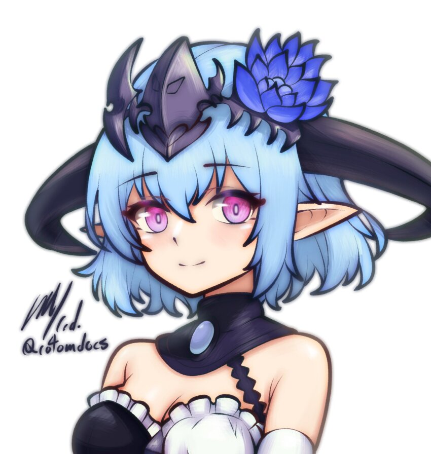 1girl artist_name bare_shoulders blue_hair breasts cleavage commission filene_(shadowverse) flower hair_flower hair_ornament highres horns pointy_ears purple_eyes rotomdocs shadowverse short_hair simple_background small_breasts solo upper_body