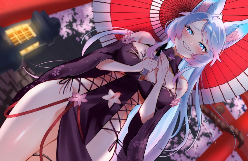 1girl 380_(artist) animal_ears bare_shoulders black_dress blue_hair blue_nails breasts cherry_blossoms chinese_knot clothing_cutout colored_tips cross-laced_clothes cross-laced_dress dress eyelashes fingernails floral_print gradient_nails highres holding holding_umbrella indie_virtual_youtuber lantern large_breasts long_hair multicolored_hair oil-paper_umbrella pelvic_curtain pink_hair pink_nails sharp_fingernails silvervale silvervale_(sakura_goddess) smile solo star_(symbol) star_in_eye symbol_in_eye torii umbrella virtual_youtuber wide_sleeves wolf_ears wolf_girl