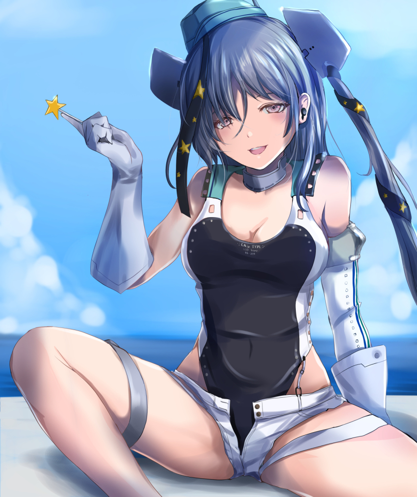 1girl aqua_hat black_one-piece_swimsuit black_ribbon blue_sky breasts c-wing candy cleavage cloud collar commission competition_swimsuit day feet_out_of_frame food garrison_cap gloves hair_ornament hair_ribbon hat headgear highleg highleg_one-piece_swimsuit highres holding holding_candy holding_food holding_lollipop kantai_collection lollipop long_hair medium_breasts metal_collar one-piece_swimsuit open_fly outdoors ribbon scamp_(kancolle) short_shorts shorts side_ponytail sitting skeb_commission sky solo star_(symbol) star_hair_ornament swimsuit swimsuit_under_clothes two-tone_one-piece_swimsuit white_gloves white_shorts