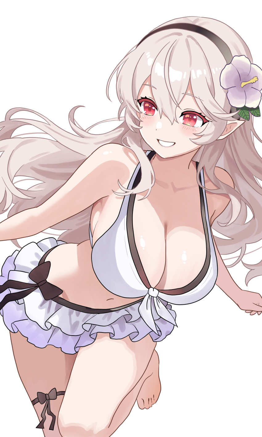 1girl absurdres bikini black_hairband blush breasts cleavage corrin_(female)_(fire_emblem) corrin_(female)_(novice_vacationer)_(fire_emblem) corrin_(fire_emblem) fire_emblem fire_emblem_fates fire_emblem_heroes flower grey_hair hair_between_eyes hair_flower hair_ornament hairband highres large_breasts long_hair looking_at_viewer n_54 navel nintendo official_alternate_costume pointy_ears red_eyes smile solo swimsuit white_bikini white_hair