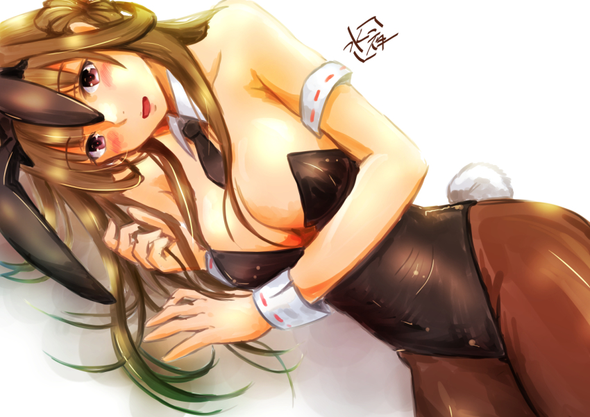 1girl animal_ears breasts brown_eyes brown_hair rabbit_ears detached_collar fake_animal_ears kantai_collection kongou_(kancolle) large_breasts long_hair looking_at_viewer mizuya_chiharu necktie one-hour_drawing_challenge pantyhose playboy_bunny sleeve_cuffs solo