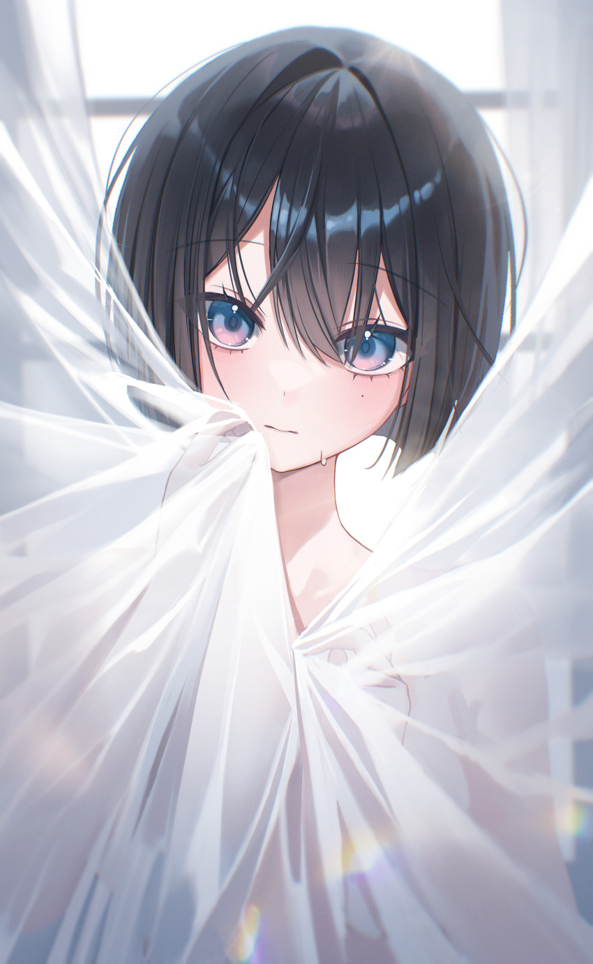 1girl absurdres black_hair blue_eyes closed_mouth curtains hair_between_eyes highres looking_at_viewer mole mole_under_eye multicolored_eyes myowa nude original pink_eyes short_hair solo sweatdrop upper_body window