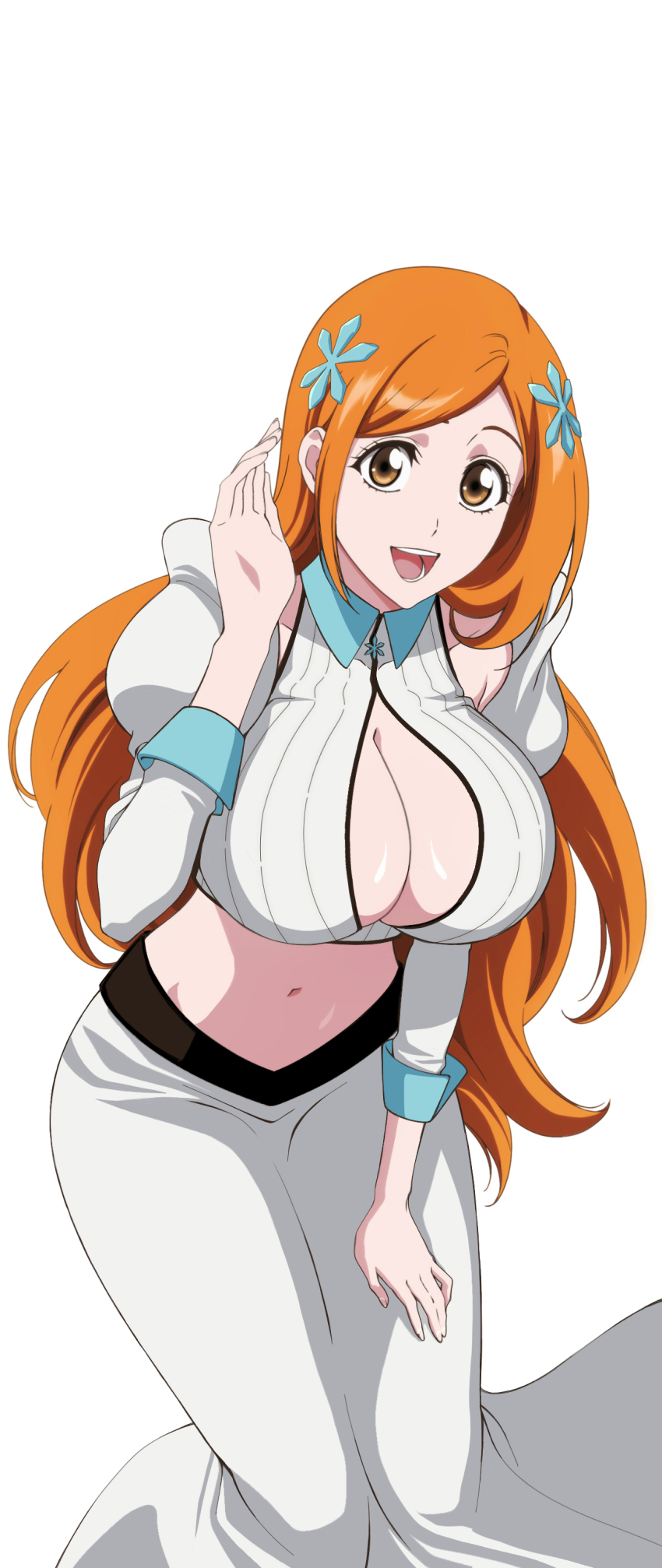 1girl bent_over bleach bleach:_sennen_kessen-hen breasts cleavage inoue_orihime large_breasts long_hair long_skirt midriff navel open_mouth orange_hair rozuberry skirt smile solo