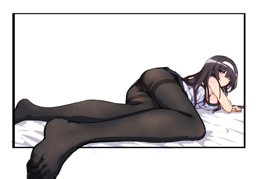 1girl ass black_hair black_pantyhose blush breasts feet female_focus hairband highres hu_sea kasumigaoka_utaha long_hair looking_at_viewer lying no_shoes on_stomach pantyhose red_eyes saenai_heroine_no_sodatekata sideboob solo thighband_pantyhose