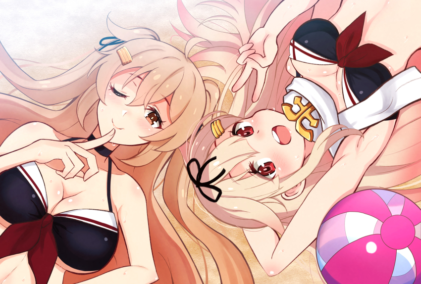 2girls adapted_costume ball beachball bikini black_bikini black_ribbon blonde_hair breasts cleavage hair_flaps hair_ornament hair_ribbon hairclip highres kantai_collection kuroten large_breasts light_brown_hair long_hair looking_at_viewer medium_breasts multiple_girls murasame_(kancolle) murasame_kai_ni_(kancolle) one_eye_closed open_mouth red_eyes ribbon round_teeth scarf swimsuit teeth two_side_up upper_body upper_teeth_only v white_scarf yuudachi_(kancolle) yuudachi_kai_ni_(kancolle) yuudachi_kai_ni_(swimsuit)_(kancolle)