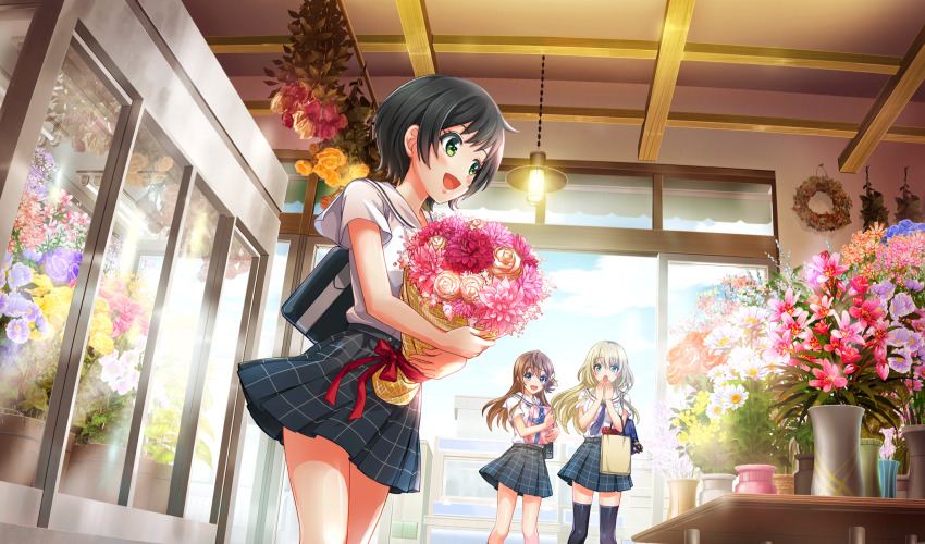 3girls :d arihara_tsubasa bag bag_charm black_hair black_thighhighs blonde_hair blue_bag blue_eyes blue_flower bow box brown_hair charm_(object) chrysanthemum cinderella_series dahlia dutch_angle flower flower_pot flower_shop game_cg gift gift_box green_eyes hachigatsu_no_cinderella_nine hair_between_eyes hair_bow highres holding holding_gift indoors kawakita_tomoe lily_(flower) long_hair looking_at_another looking_at_flowers multiple_girls non-web_source nozaki_yuuki official_art open_mouth pink_flower pink_rose purple_flower rose school_bag shop short_hair smile solo_focus standing thighhighs white_flower yellow_bow yellow_flower