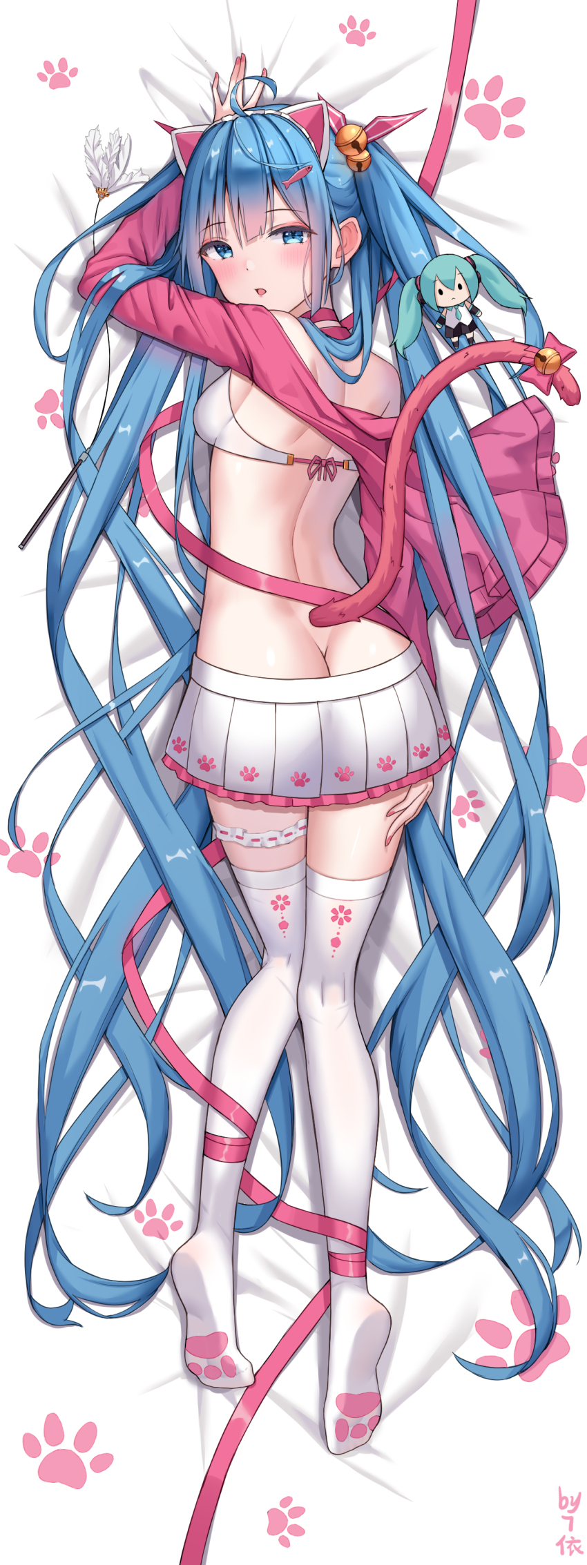 1girl 71-fen_xiansheng_you :o absurdres ahoge animal_ears ass bare_back bell blue_eyes blue_hair blush bra breasts bridal_garter butt_crack cat_ears cat_tail character_doll commentary_request dakimakura_(medium) dimples_of_venus fake_animal_ears fish_hairpin frilled_skirt frills from_behind full_body hair_between_eyes hair_ornament hairpin hatsune_miku highres jacket jingle_bell long_hair long_sleeves looking_at_viewer looking_back lying miniskirt no_shoes on_stomach parted_lips paw_print pink_jacket pink_nails pink_ribbon pink_sleeves pleated_skirt ribbon sideboob skirt solo tail thighhighs twintails underwear very_long_hair vocaloid white_bra white_skirt white_thighhighs zettai_ryouiki