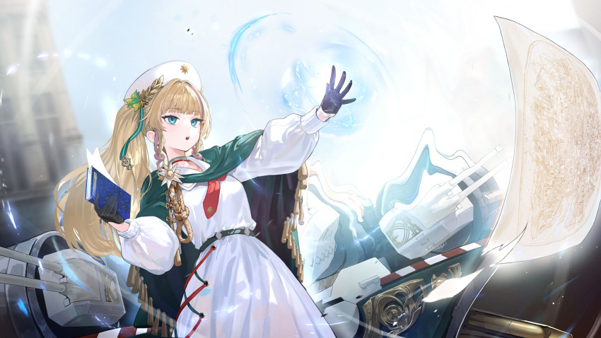 1girl azur_lane belt black_boots black_gloves blonde_hair blue_eyes book boots dress flying_paper full_body game_cg giosue_carducci_(azur_lane) gloves green_belt green_ribbon green_scarf hair_ribbon hand_up hat highres holding holding_book laurel_crown long_hair long_sleeves magic_circle necktie non-web_source open_mouth pages paper red_necktie ribbon rigging scarf solo torpedo twintails wading white_dress white_hat